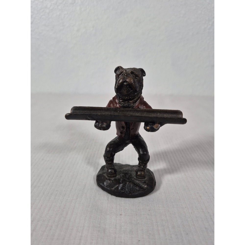 Vtg Cast Iron Bulldog Cigar Rest Figurine Bronze Red Jacket Desk Pen Holder